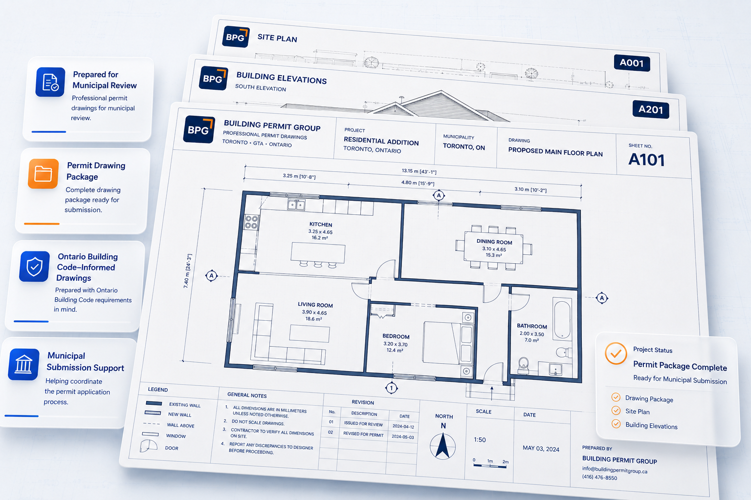 Building Permit Group residential permit drawing package showing a floor plan, site plan, building elevations and municipal submission support