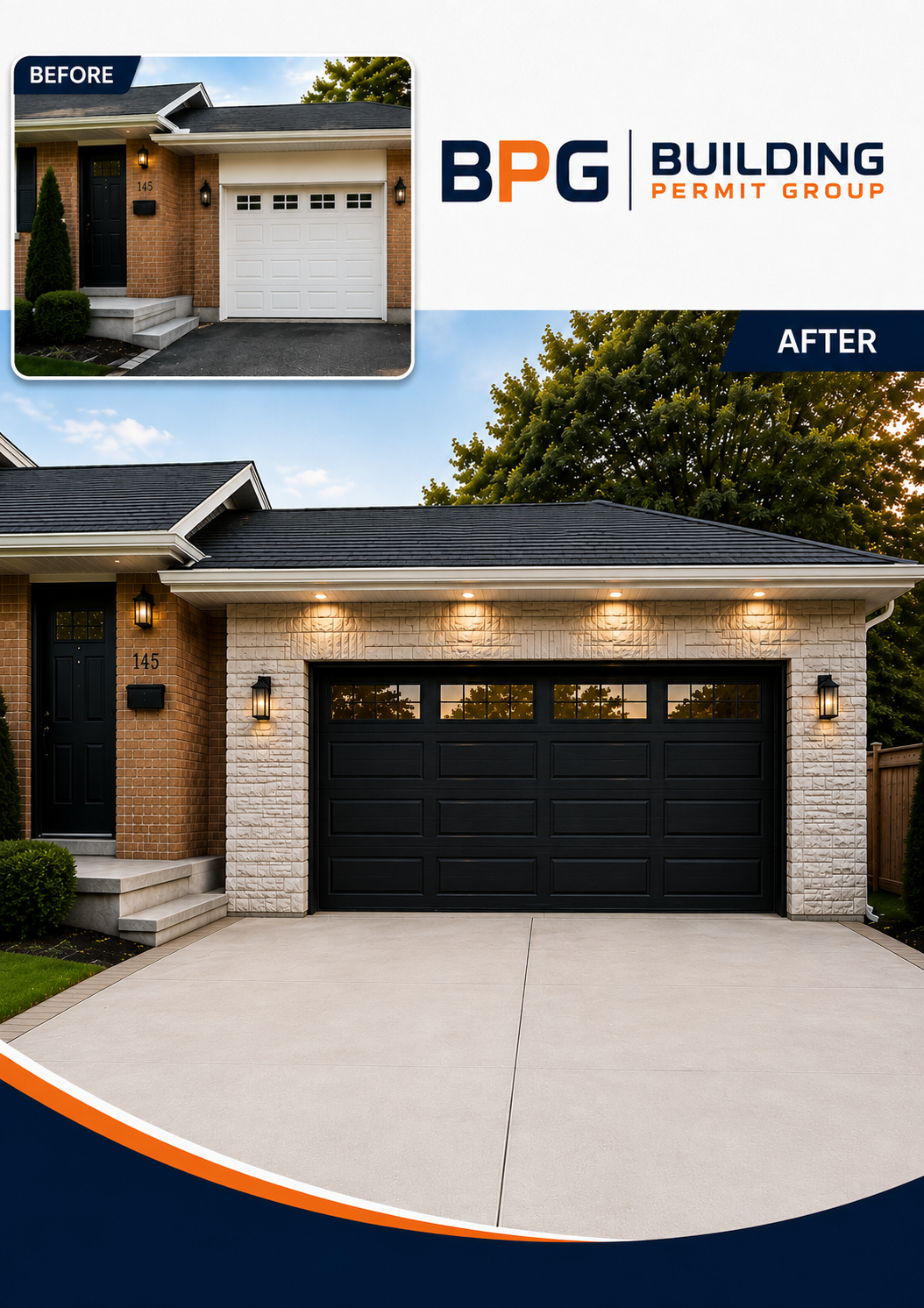 Garage addition showing an expanded attached residential garage before and after