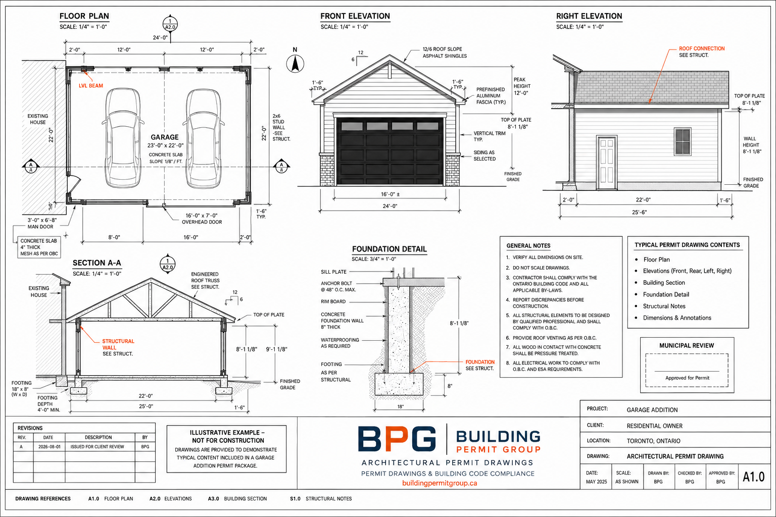 Garage addition permit drawing package with floor plan elevations section foundation and structural details