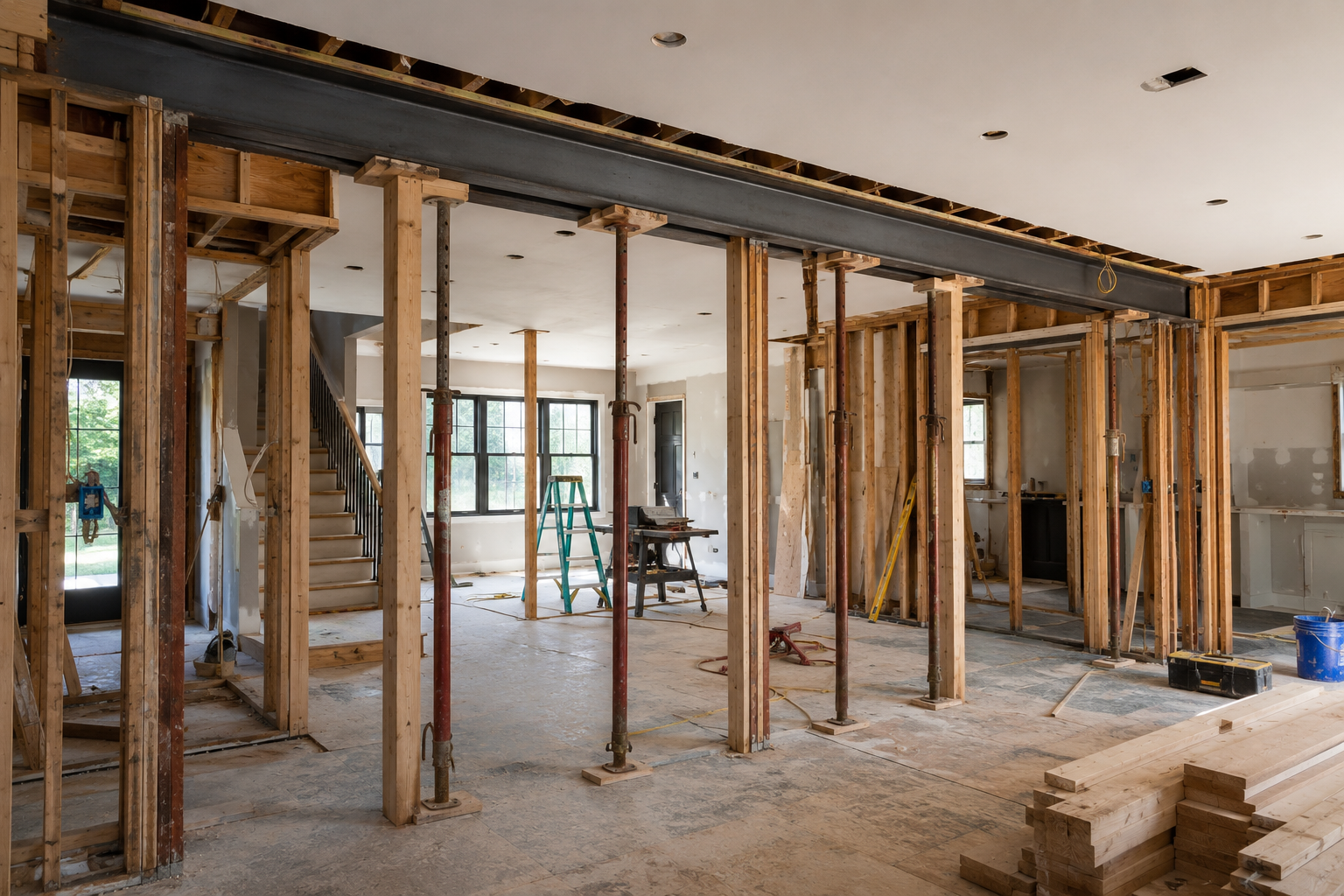 Open-concept home renovation after load-bearing wall removal