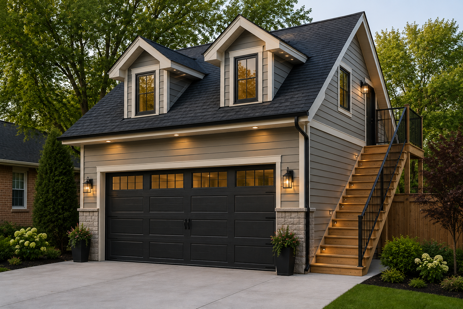 Completed detached garage with upper storage loft and dormer windows