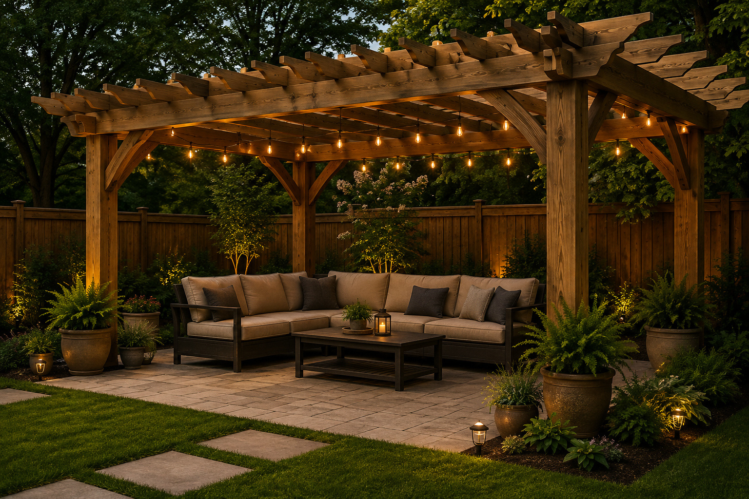 Backyard wood pergola and outdoor seating area