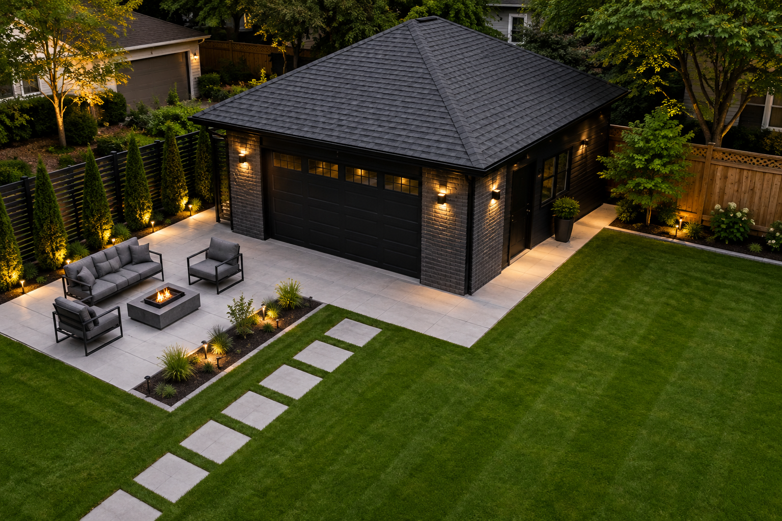 Detached garage and landscaped yard illustrating lot coverage