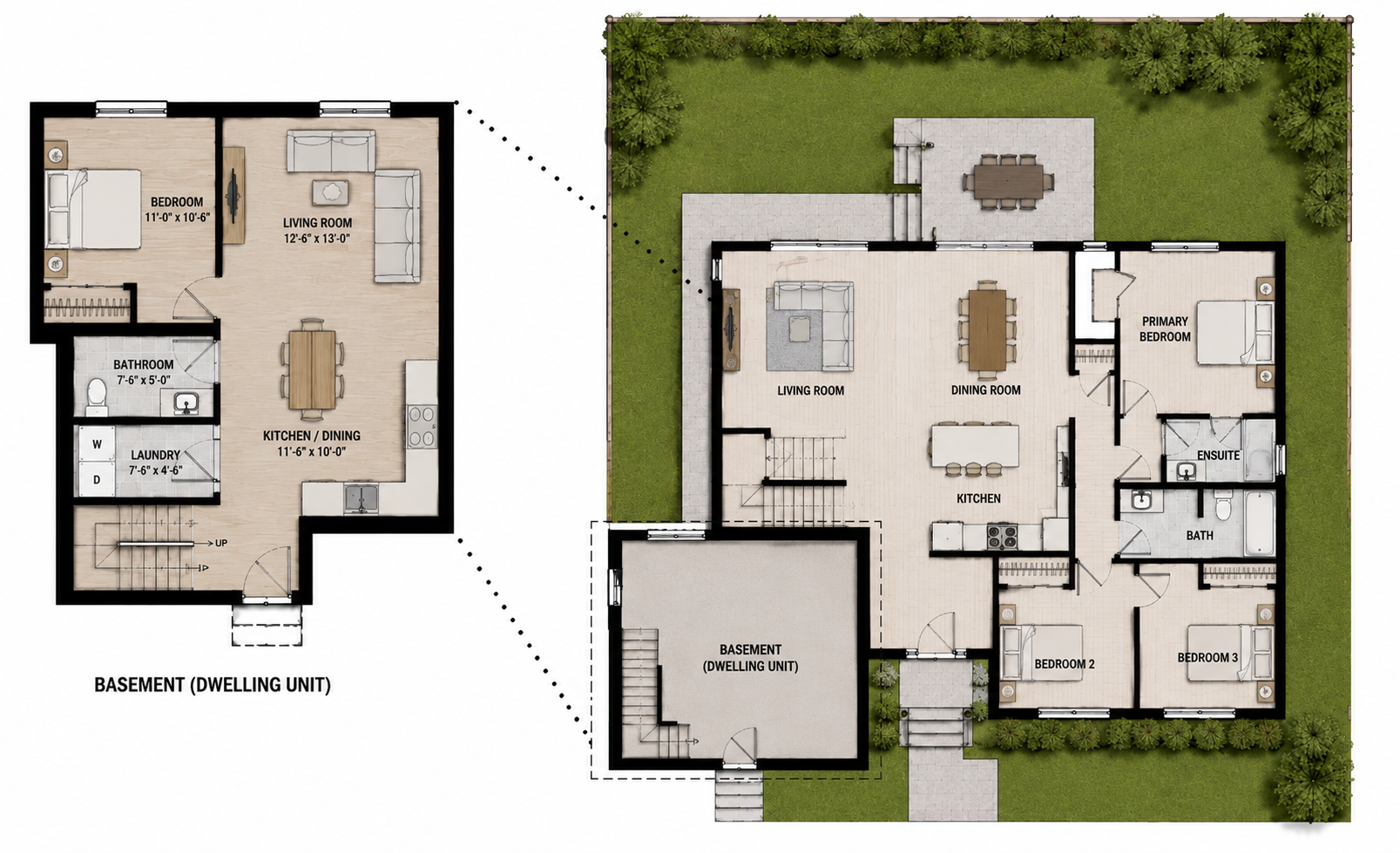 Basement apartment permit floor plan showing a separate living space