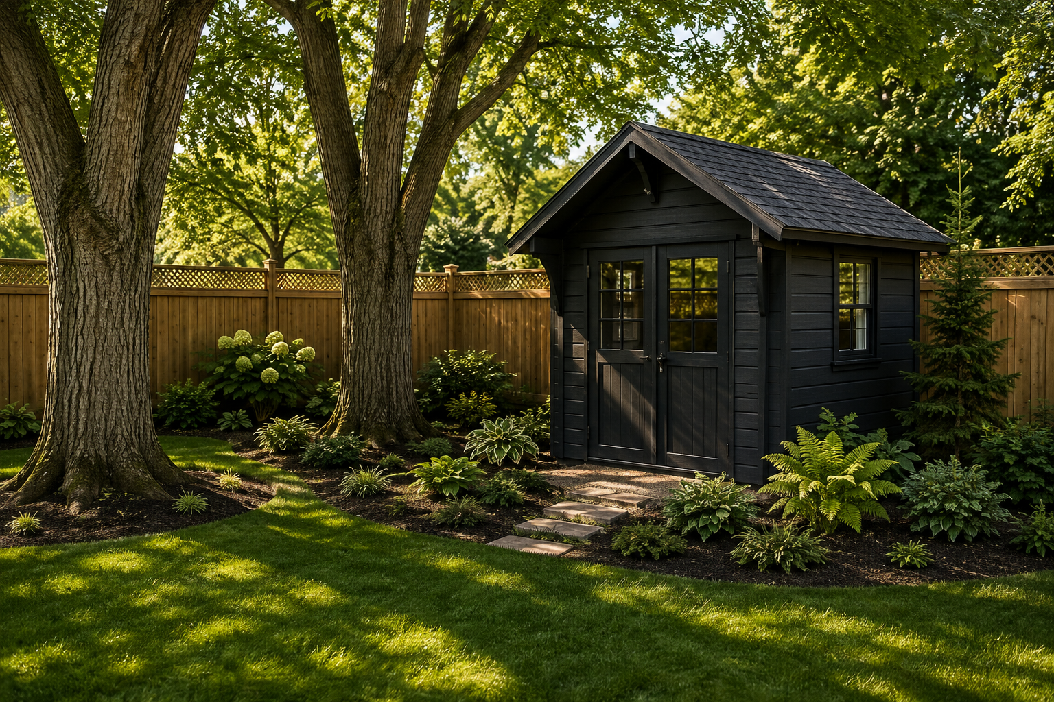 Accessory structure near mature trees and property features