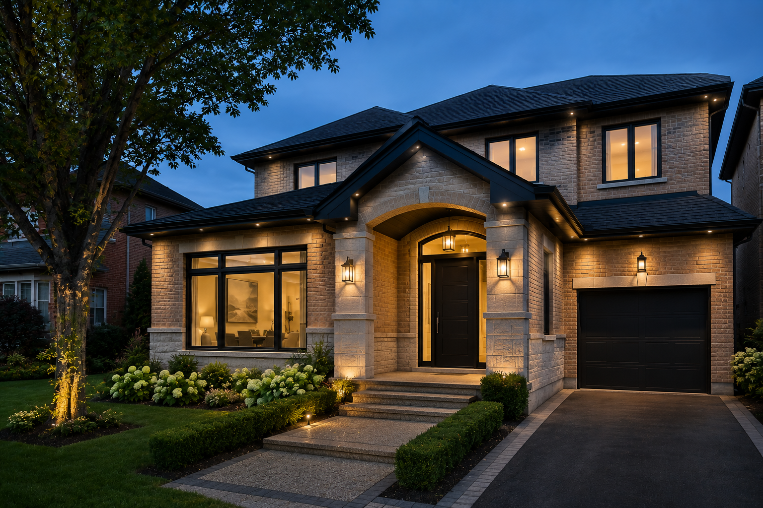 Completed front home addition integrated into an existing two-storey brick house