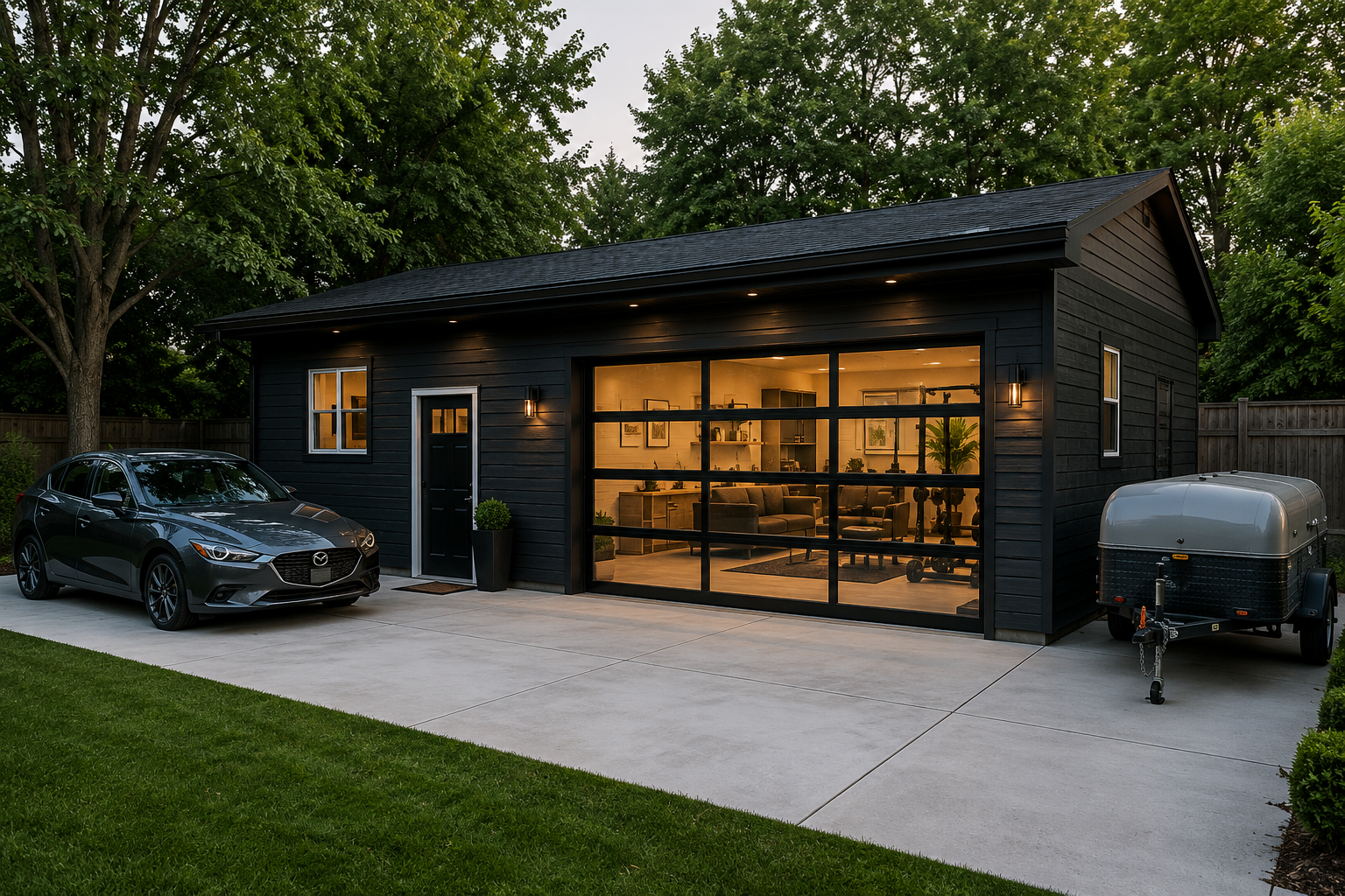 Modern detached garage and workshop used for parking and servicing