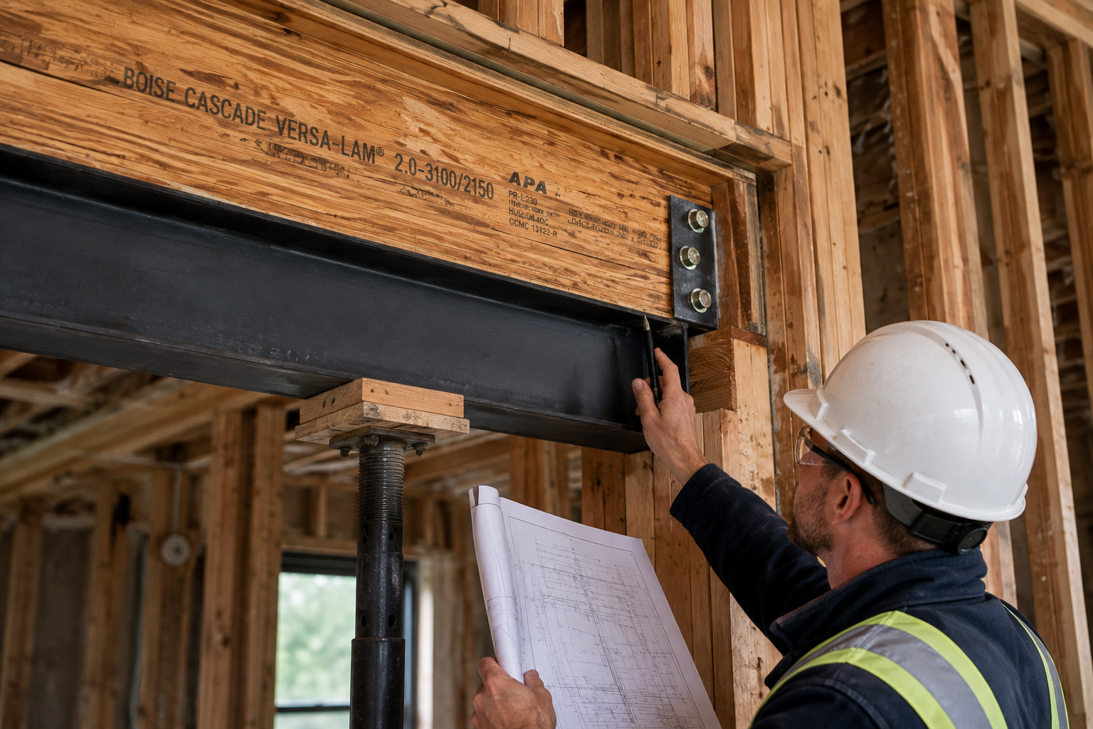 Residential permit drawings for load-bearing wall removal and structural beam work