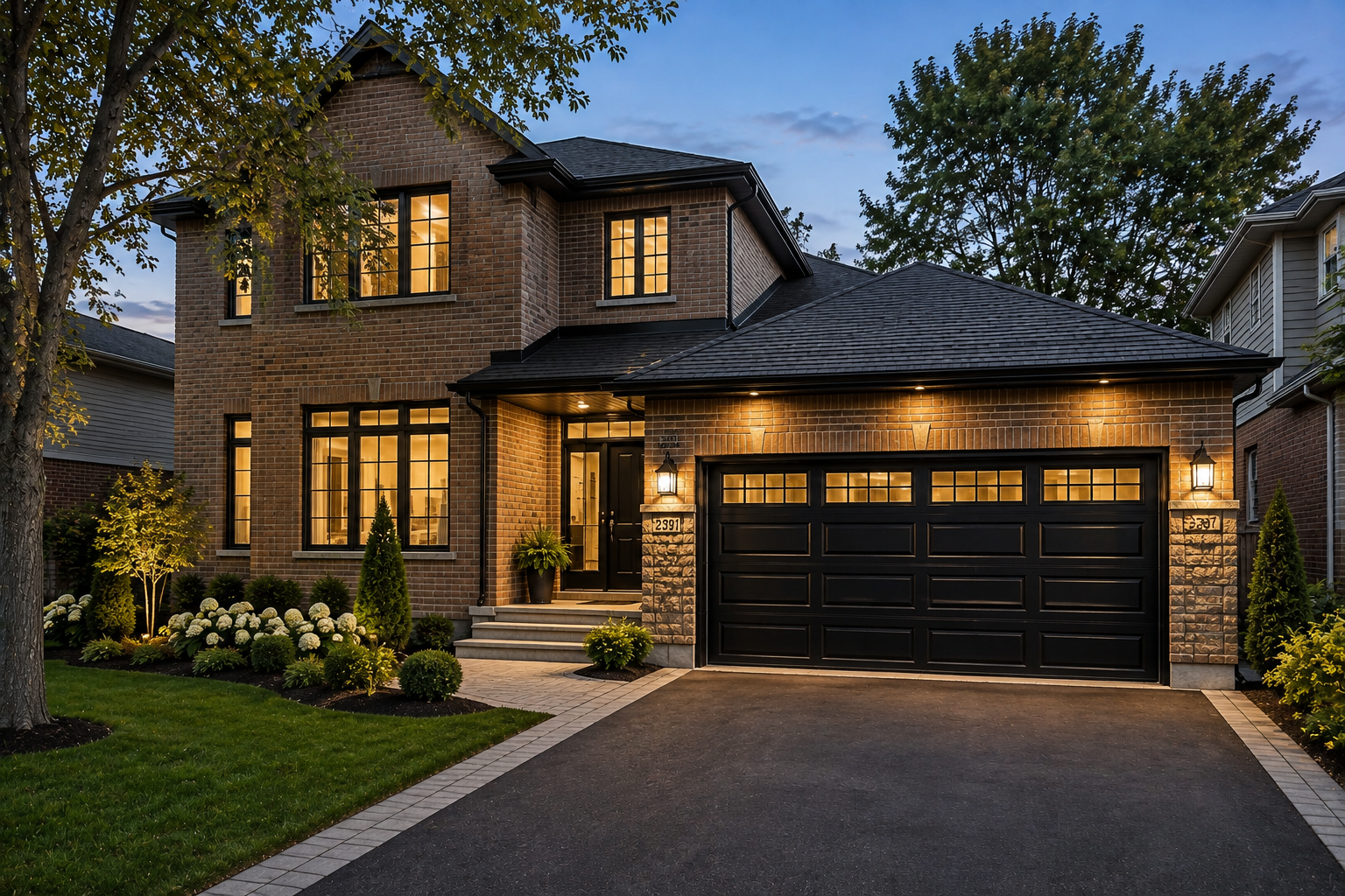 Completed attached garage addition integrated into an existing two-storey brick home