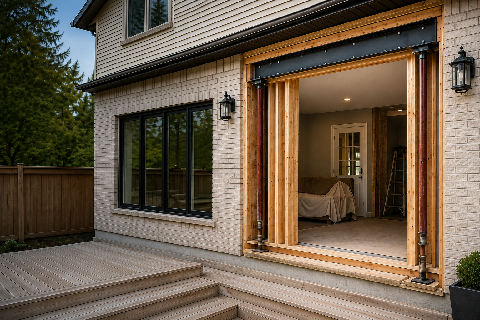 Residential exterior wall with a large framed door opening supported by a steel beam and temporary shoring.