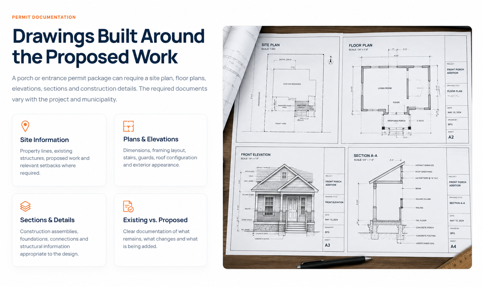 Porch and front entrance permit drawings showing site plan, floor plan, elevation and structural section details